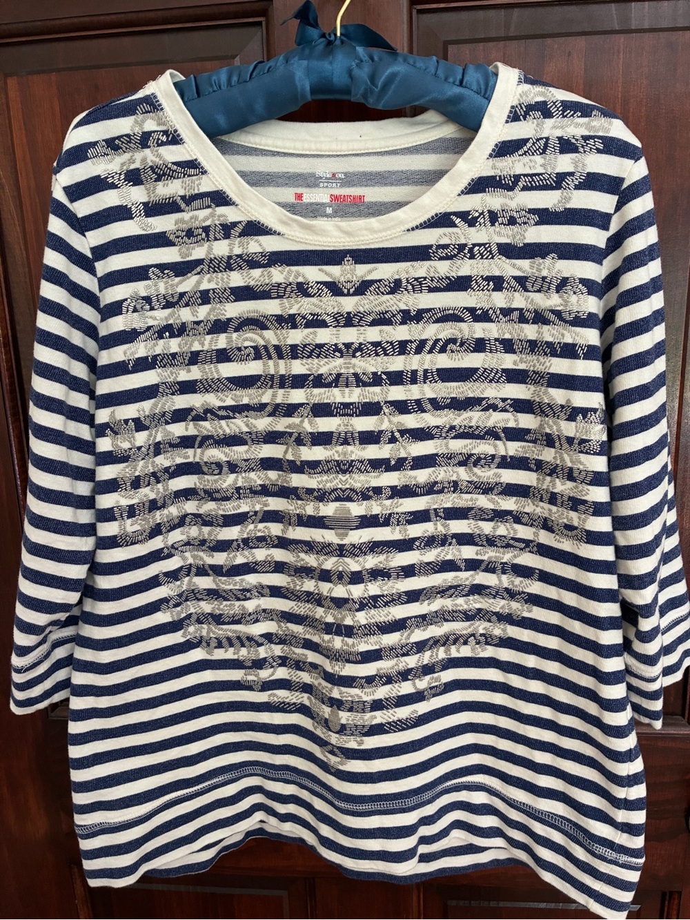 Style & Co. Essential Sweatshirt Navy & White Striped with silver swirls